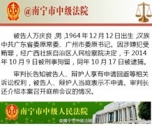 广州原市委书记万庆良被控受贿1.1亿 当庭痛哭