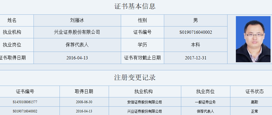 兴业证券保荐代表人 刘雁冰