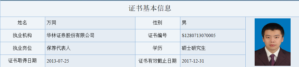 华林证券保荐代表人 万同