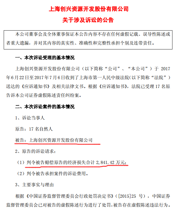 创兴资源虚假陈述惹官司 被17名投资者要求赔偿2800万