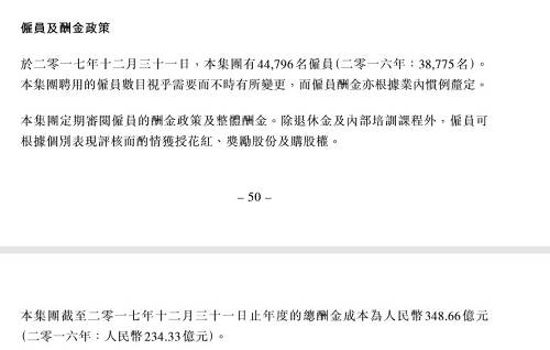 截至2017年度，腾讯员工有44796名，腾讯支付员工的总薪酬达到348.66亿元，平均每一个员工一个月的薪水是6.5万元。