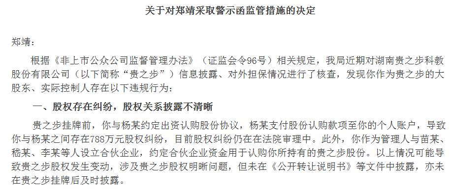 贵之步信披漏洞：陷788万股权纠纷，违规担保1900万，1803万股遭司法冻结，实控人郑靖遭监管警示