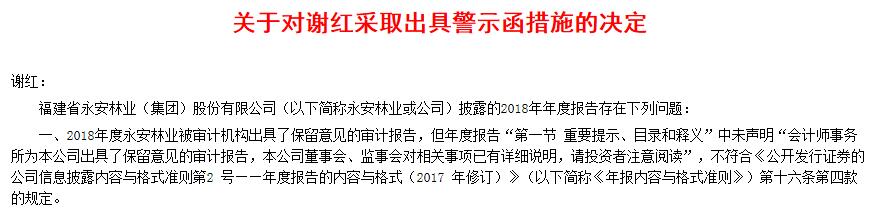 永安林业年报存四大严重问题 董秘谢红被监管出具警示函