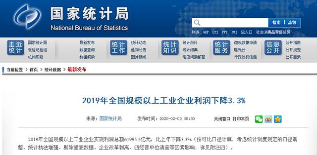 统计局：2019年全国规模以上工业企业利润下降3.3%