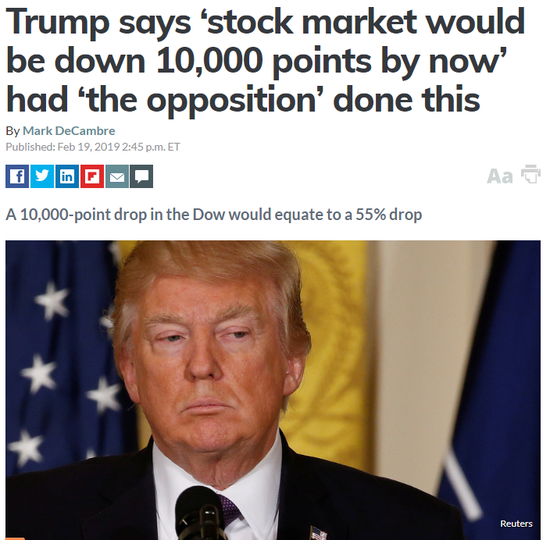 新浪美股 北京时间2月20日讯，美国总统唐纳德-特朗普（Donald Trump）周二在twitter上发帖称，如果他在2016年的总统竞选中落败，股市实际上就会崩盘。他重申了自己发表的一系列类似声明，这些声明将他的政府归功于过去两年多来对金融市场的提振。