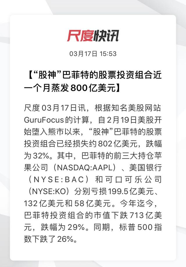 巴菲特一个月亏800亿美元，股神老了还是市场太难？